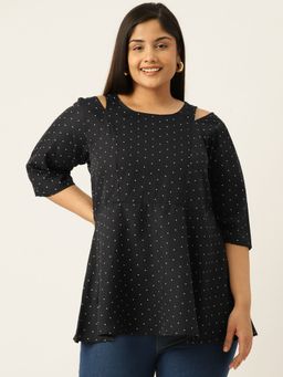 theRebelinme - Plus Size Womens Black Polka Dot Cut Out Detail Top