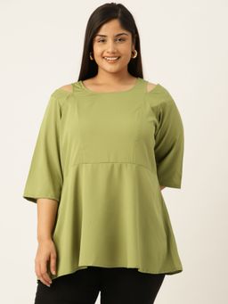 theRebelinme - Plus Size Womens Green Solid Cut Out Detail Top