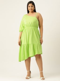 theRebelinme - Plus Size Womens Bright Green Solid One Shoulder Knitted Dress