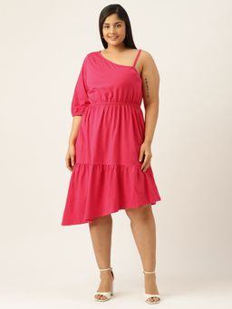 theRebelinme - Plus Size Womens Fuchsia Solid One Shoulder Knitted Dress