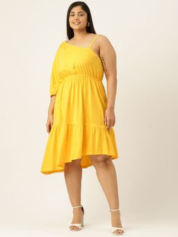 theRebelinme - Plus Size Womens Yellow Solid One Shoulder Knitted Dress
