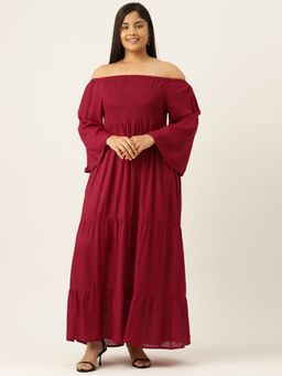 theRebelinme - Plus Size Womens Maroon Solid Off-Shoulder Maxi Dress