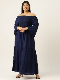 theRebelinme - Plus Size Womens Navy Blue Solid Off-Shoulder Maxi Dress