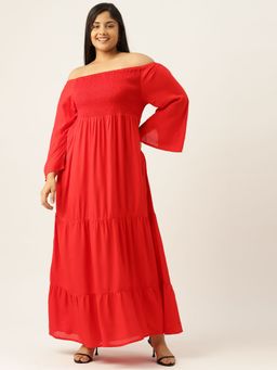 theRebelinme - Plus Size Womens Red Solid Off-Shoulder Maxi Dress
