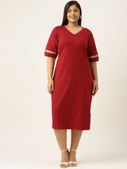theRebelinme - Plus Size Womens Maroon Solid Cotton Knitted A-Line Dress