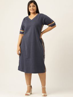 theRebelinme - Plus Size Womens Melange Blue Solid Cotton Knitted A-Line Dress
