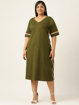 theRebelinme - Plus Size Womens Olive Solid Cotton Knitted A-Line Dress