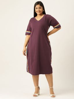 theRebelinme - Plus Size Womens Purple Solid Cotton Knitted A-Line Dress