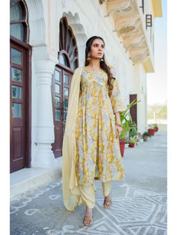 Vaasva Jaipur - Women Yellow Muslin Embellished Kurta and Pants with Dupatta (Set of 3)