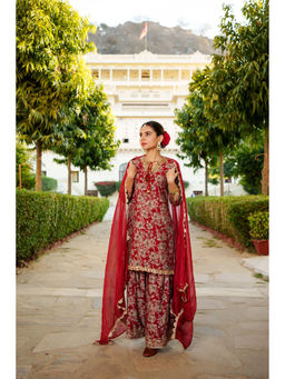 Vaasva Jaipur - Women Maroon Muslin Floral Embroidered Kurta and Sharara with Dupatta (Set of 3)
