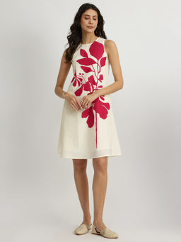 Pink Fort - Cotton Floral A-Line Dress - Off-White and Pink