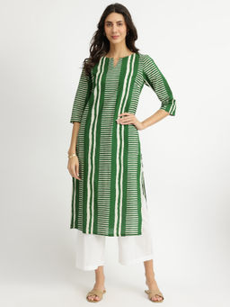 Pink Fort - Cotton Striped Print Kurta - Green
