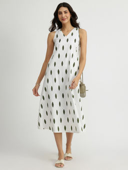 Pink Fort - Cotton Sleeveless A-Line Dress - White & Green