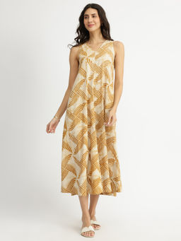 Pink Fort - Mustard Cotton Dabu Geometric Dress