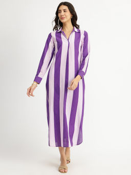 Pink Fort - Purple Cotton Stripes Shirt Collar Dress