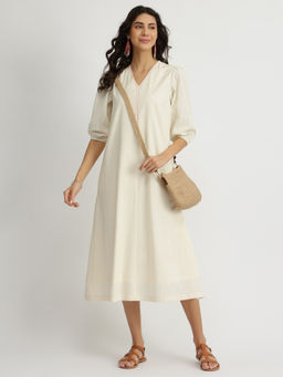 Pink Fort - Cotton Jacquard A-Line Midi Dress - Off-White