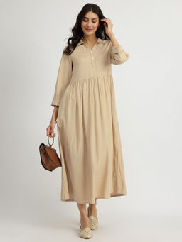 Pink Fort - Rayon Solid Fit and Flare Midi Dress - Khaki