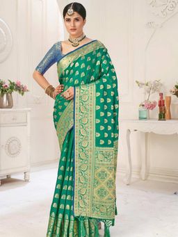 Odette - Womens Green Silk Blend Printed Saree with Unstitched Blouse