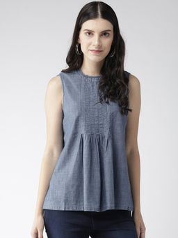 Xpose - Women Blue Denim Solid A-Line Pure Cotton Top