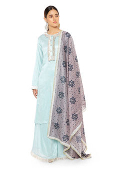 PS Pret by Payal Singhal - Chanderi Stripe Kurta with Palazzo and Dupatta & 3 Ply Mask (Set of 4)