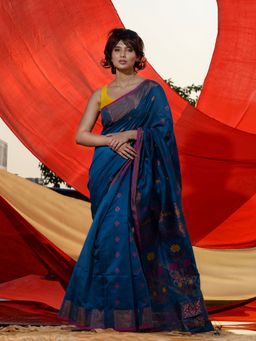 CHARUKRITI - Cerulean Blue Cotton Blend Ethnic Motifs and Floral Pallu Saree with Unstitched Blouse