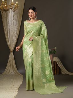 Akhilam - Womens Cotton Blend Light Green Woven Design Designer Saree with Unstitched Blouse