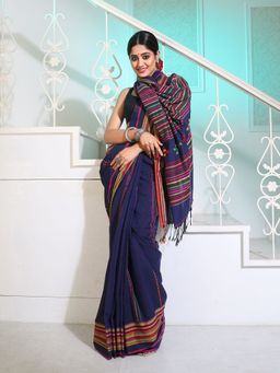CHARUKRITI - Navy Blue Cotton Handspun Handwoven Saree with Stripes Pattern with Unstitched Blouse