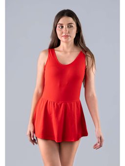 Keepfit - Red Solid Swimsuit For Women With Attached Shorts