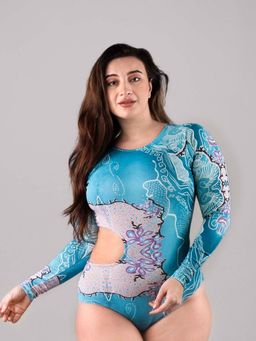 Keepfit - Blue Cut Out Detail Full Sleeves Plus Size Swimsuit For Women