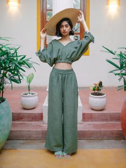 House of Fett - Bodrum Green Solid V Neck Co-Ord Set