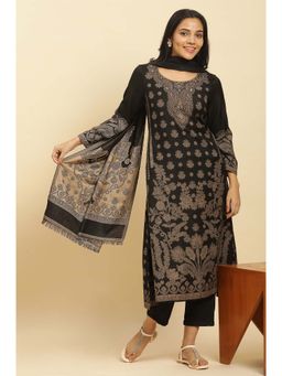 W - Black Floral Kurta with Pant and Dupatta (Set of 3)