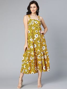 Oxolloxo - Mustard Yellow Floral Printed Shoulder Strapped Women Long Dress