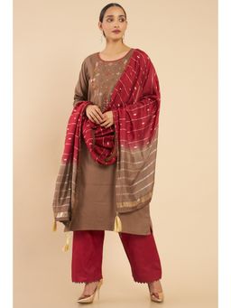 Soch - Women Brown Embroidered Dress Material (Set of 3)