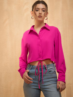 RARE - Women Hot Pink Color Shirt Collar Solid Shirt Style Crop Top