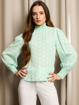 RARE - Women Sea Green Color High Neck Polka Dots Regular Top