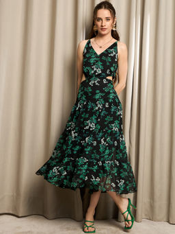 RARE - Women Black & Green Color Midi Floral Dress