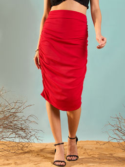 RARE - Women A-Line Red Color Solid Midi Skirt
