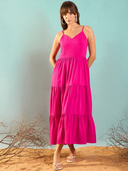 RARE - Women Hot Pink Color Midi Solid Dress