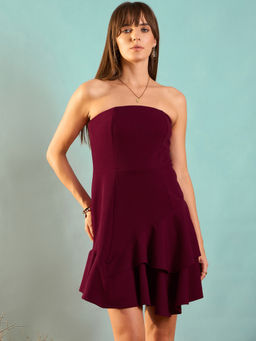 RARE - Women Wine Color Mini Solid Dress