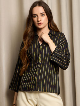RARE - Women Black Regular Fit Striped Spread Collar Shirt