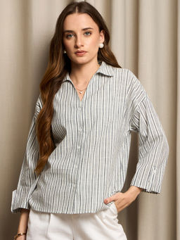 RARE - Women Grey Regular Fit Striped Spread Collar Shirt