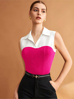 RARE - Women Hot Pink Color Shirt Collar Solid Shirt Style Crop Top
