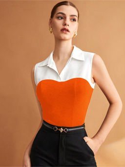 RARE - Women Orange Color Shirt Collar Solid Shirt Style Crop Top