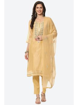 Biba - Mustard Chanderi Mirror Work Unstitched Suit (Set of 3)