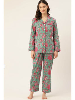 Jaipur Morni - Women Cotton Floral Printed Green Shirt with Pyjama (Set of 2)