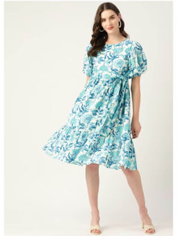 Jaipur Morni - Women Cotton Floral Printed Turquoise Midi Dress with Belt (Set of 2)