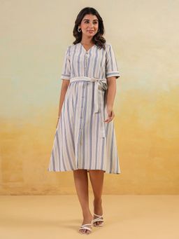 Janasya - Women White Cotton Dress with Belt