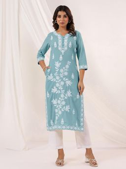 Janasya - Women Blue Cotton Kurta