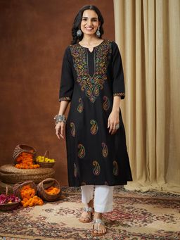 Janasya - Women Black Cotton Kurta