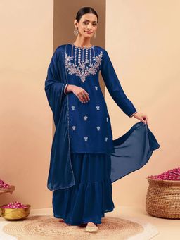 Janasya - Women Navy Blue Silk Blend Kurta and Sharara with Dupatta